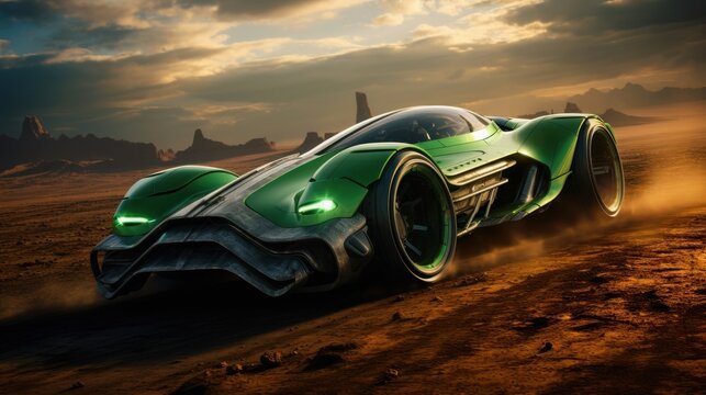 Emerald futuristic sports racing car races across the land of an alien planet. Futuristic concept of technologies of other worlds and civilizations. Extraterrestrial automobiles and technology.