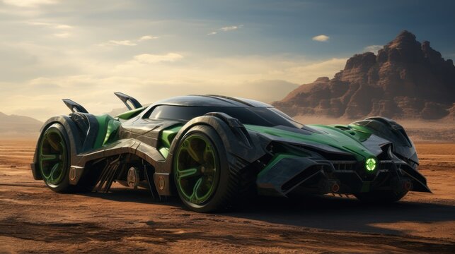 Emerald futuristic sports racing car races across land of an alien planet. Futuristic concept of technologies of other worlds and civilizations. Extraterrestrial automobiles and technology.