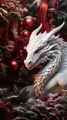Obraz premium A figurine of the White Dragon against the background of New Year tree decorated with red decorations. Symbol of Chinese New Year. Zodiac sign of the Eastern horoscope. Vertical.