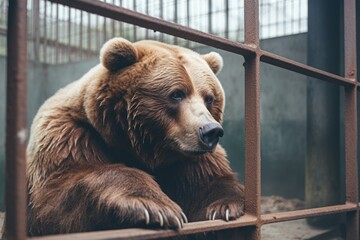 Bear locked in cage. Sick, skinny lonely bear in cramped jail behind bars with sad look. Concept of keeping animals in captivity where they suffer. Prisoner. Waiting for liberation. Animal abuse.