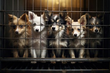 Dogs locked in cage. Unhappy puppies in cramped jail behind bars with sad look. Concept of keeping animals in captivity where they suffer. Prisoner. Waiting for liberation. Animal abuse.