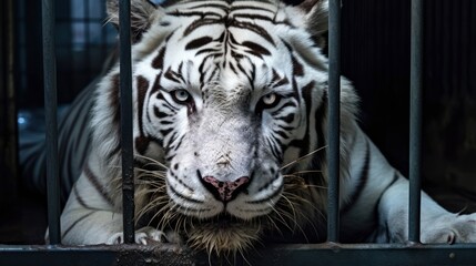 Bengal tiger locked in cage. Lonely tiger in cramped jail behind bars with sad look. Concept of keeping animals in captivity where they suffer. Prisoner. Waiting for liberation. Animal abuse Portrait