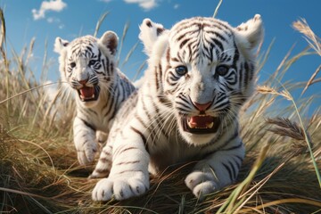 Little white Bengal tiger cubs. Two free wild tiger cubs in their natural habitat are walking along a meadow. Cute playful fluffy kittens. Beautiful background.