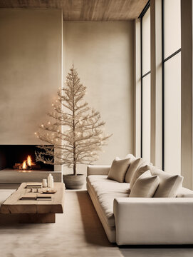 Modern Neutral Living Room With Fireplace And Aesthetic Christmas Tree With Lights For The Holidays