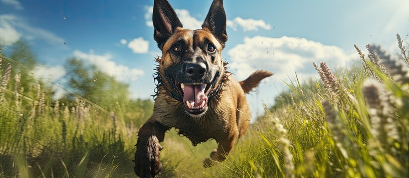 The playful Malinois a canine Shepherd known for their energy and athleticism happily frolicked in the green grass of the open field running with the sheer joy of being surrounded by the bea