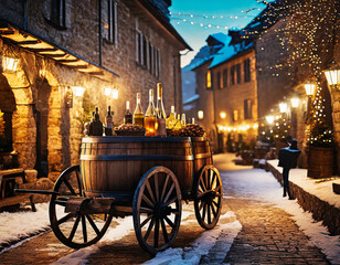 winter gastronomy on the streets of the medieval city center with a cart with barrels for wine and...