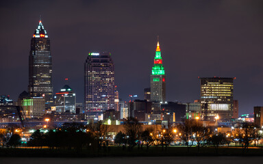 Fototapeta na wymiar Long Exposure of Skyscrapers in Cleveland on Cloudy Night