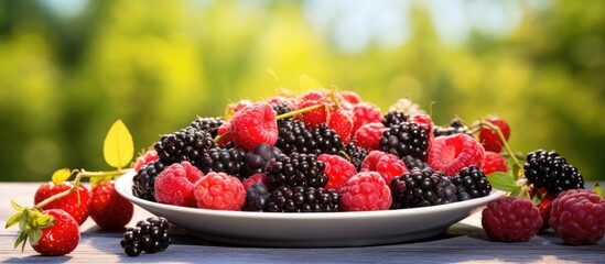 In the background of a vibrant summer scene a plate full of healthy and natural organic foods steals the show adorned with an assortment of ripe sweet berries like raspberry blackberry and 