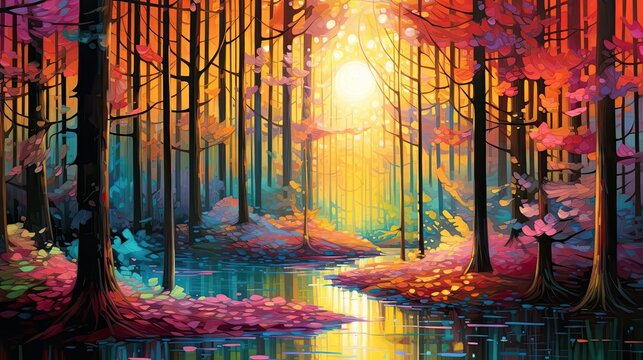 oil painting of forest with fall colors and sunlight