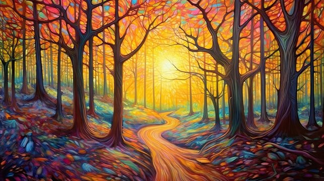 oil painting of forest with fall colors and sunlight