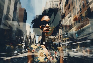 portrait of a woman against the background of a photo of New York, photo with double exposure,...