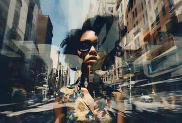  portrait of a woman against the background of a photo of New York, photo with double exposure, symbol of femininity, symbol of America © shustrilka