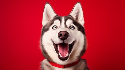 Close up photo of a very happy and excited husky dog with opened mouth in red collar on a red background
