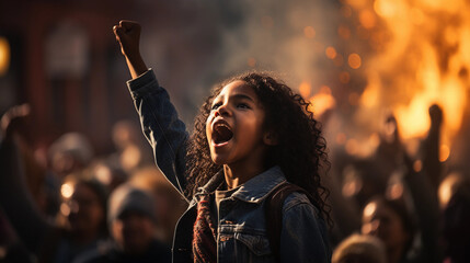 black African American little girl activist protesting with a fighting for her rights, against racism, equality, and feminist inclusion - obrazy, fototapety, plakaty