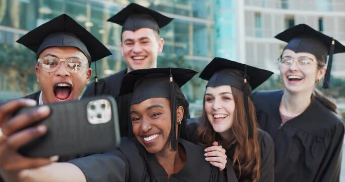 Graduation selfie, group and students on college or university campus with video call, success and social media. Excited people, graduate friends or class with education and laugh in profile picture