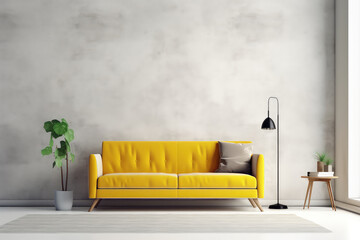 Yellow sofa minimal in living room interior with plant,white wall. 3d render illustration. Generative AI. - obrazy, fototapety, plakaty