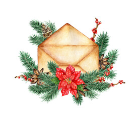 Watercolor illustration of Christmas envelope with decor. Hand painted fir branch, poinsettia, cinnamon, pine cones and red berries isolated on a white background. Holiday composition for design,