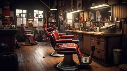 Beauty salon with chair, hair dryer, comb and mirror. Interior of empty modern hair and beauty salon. Interior barber shop. - obrazy, fototapety, plakaty