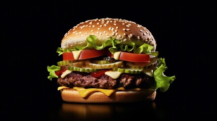 delicious and fresh burger on black background view