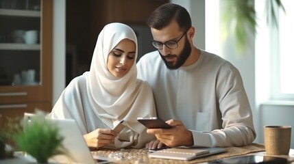 Couple sitting in home and using smart phones 