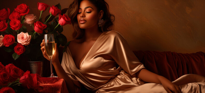 Nights with Champagne: Sexy Woman in Sensual Silk and Roses on a Romantic Honeymoon - Ai Generative