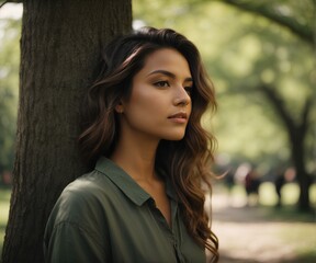 Contemplative young woman in park, thoughtful portrait.