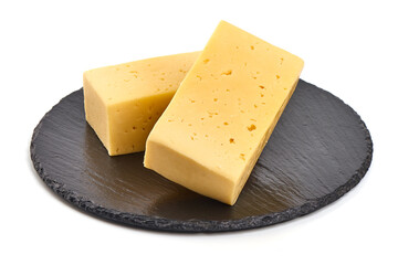 Gouda cheese block, close-up, isolated on white background.