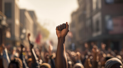 Raised arm with clenched fist, black African American activism, fighting against racism and human rights for equality and social justice protest