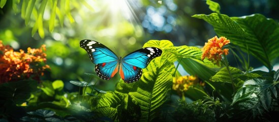 In the background of a summer garden an isolated leaf flutters gracefully as a colorful butterfly dances amongst the vibrant green plants and tropical flowers creating a vibrant stage in na