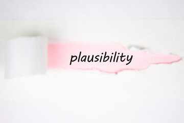 Plausibility text, acronym on torn paper. Plausibility concept.