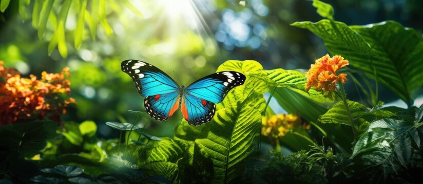 Fototapeta In the background of a summer garden an isolated leaf flutters gracefully as a colorful butterfly dances amongst the vibrant green plants and tropical flowers creating a vibrant stage in na