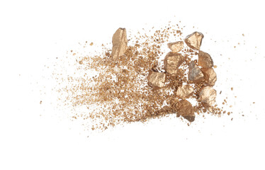 Gold ore nugget mix sand explode from Mining. Golden nugget ore grain powder explosion with sand...