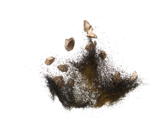Gold ore nugget mix sand explode from Mining. Golden nugget ore grain powder explosion with sand stone gravel in gold Mining industry. White background Isolated throwing freeze stop motion