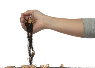 Gold ore nugget fall from industrial Miner hand fingers. Many pieces Golden nugget ore stone gravel found in hand of gold Mining industry. White background Isolated throwing freeze stop motion