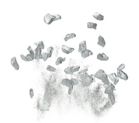Silver ore nugget fly fall from Mining float in air. Many pieces silver nugget ore explosion with stone gravel in silver Mining industry. White background Isolated throwing freeze stop motion