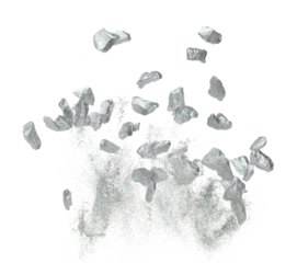 Silver ore nugget fly fall from Mining float in air. Many pieces silver nugget ore explosion with stone gravel in silver Mining industry. White background Isolated throwing freeze stop motion