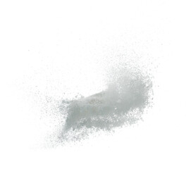 Photo image of falling down snow, heavy big small size snows. Freeze shot on white background isolated overlay. Fluffy White snowflakes splash cloud in mid air. Real Snow throwing