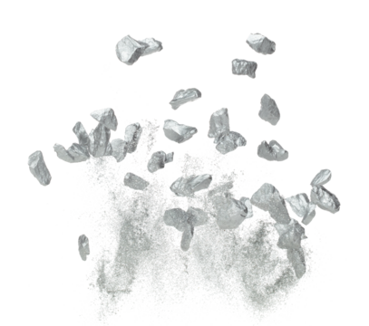 Silver ore nugget fly fall from Mining float in air. Many pieces silver nugget ore explosion with stone gravel in silver Mining industry. White background Isolated throwing freeze stop motion