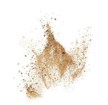 Golden grain wave explode. Abstract cloud fly. Yellow colored sand splash throwing curve circle in Air. Fine Sand flying explosion, White background Isolated throwing freeze stop motion