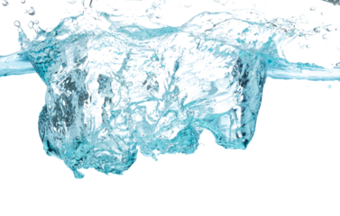 Drinking water pouring into clear glass. Bubbles inside from pouring falling clear water. Drinking soda water flush air bubble. White background isolated freeze element