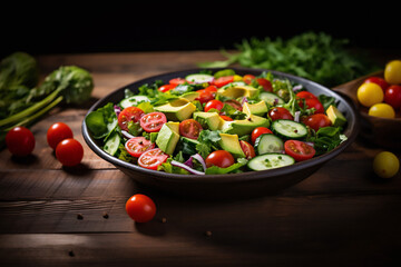 Healthy vegan lunch bowl. Avocado, quinoa, tomato, cucumber and radish vegetables salad