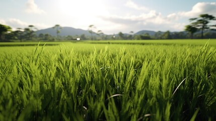 Vast Green Rice Fields with Mountain Background under Blue Sky.