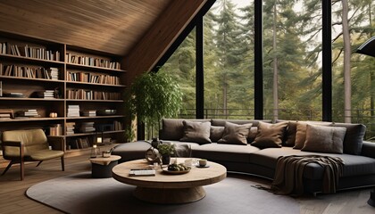 Fototapeta premium In a modern loft living room, a sofa and round coffee table create a cozy atmosphere
