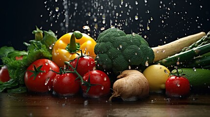 fresh vegetables, fruits and splashes of water, on a dark background, High resolution collage for...