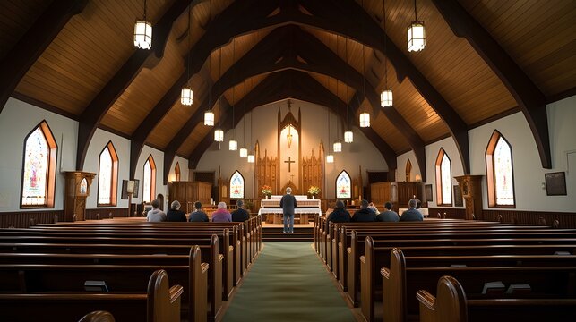 the interior of a small church with a rustic charm. decor is simple and serene, with minimalistic adornments and a warm, inviting atmosphere. people who worship quietly with reverence. generative AI