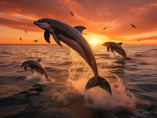 group of dolphins jumping out of water