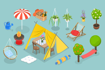 3D Isometric Flat Vector Set of Garden Furniture Items, Patio Collection