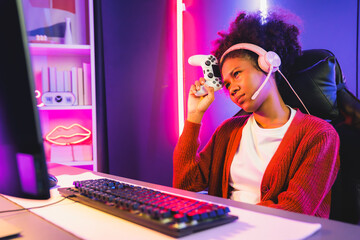 African American girl streamer disappointed playing online fighting with Esport skilled team...