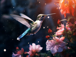 hummingbird hovering over flowers