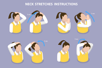 3D Isometric Flat Vector Illustration of Neck Stretches Instructions, Easy Office Workout - obrazy, fototapety, plakaty